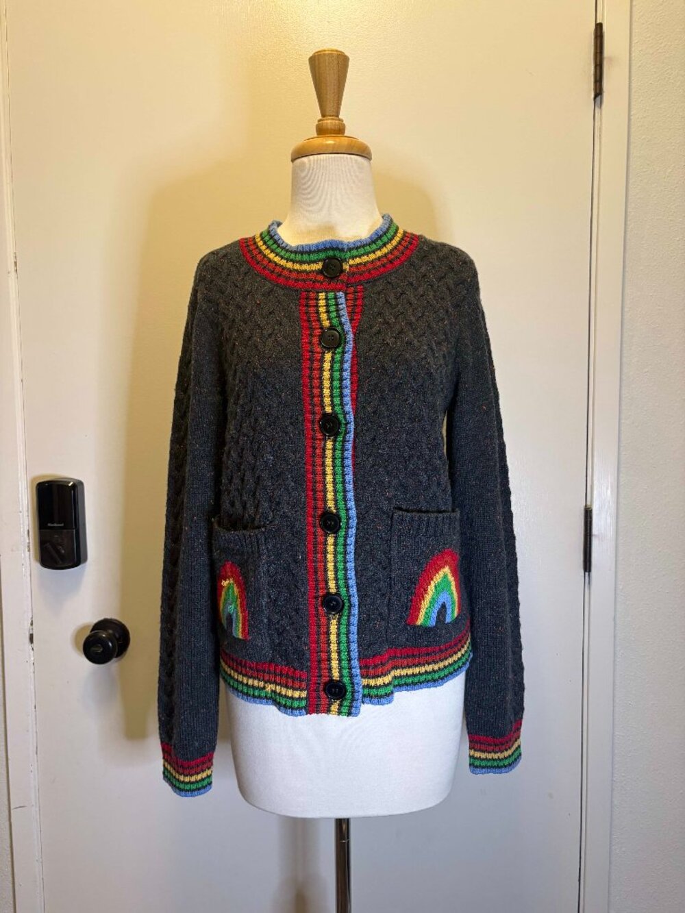 ModCloth Rainbow Trim Charcoal Cable Sweater Cardigan